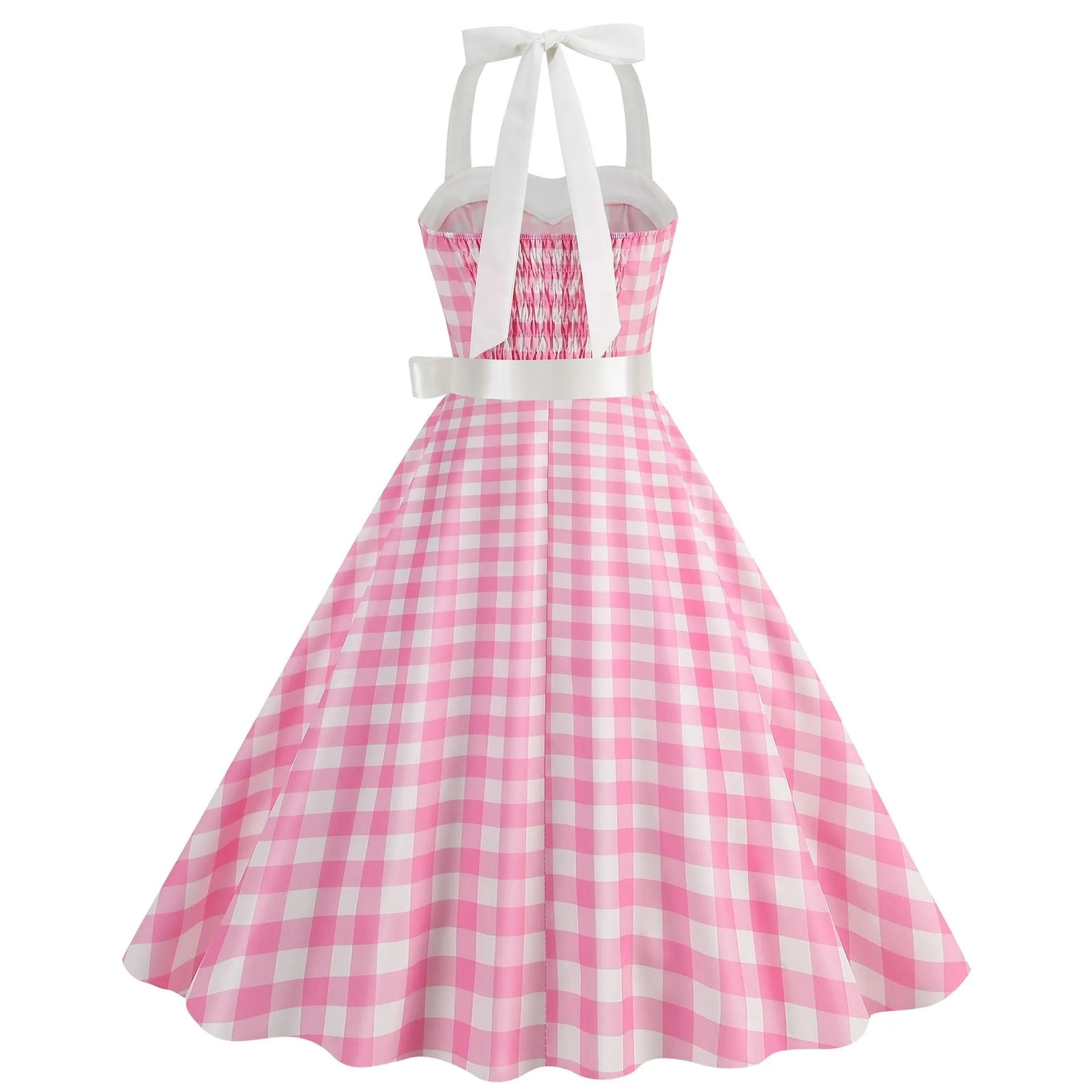 Women Vintage 1950s 1980s Retro Dress Pink Swing Rockabilly A-line Midi Prom Dress
