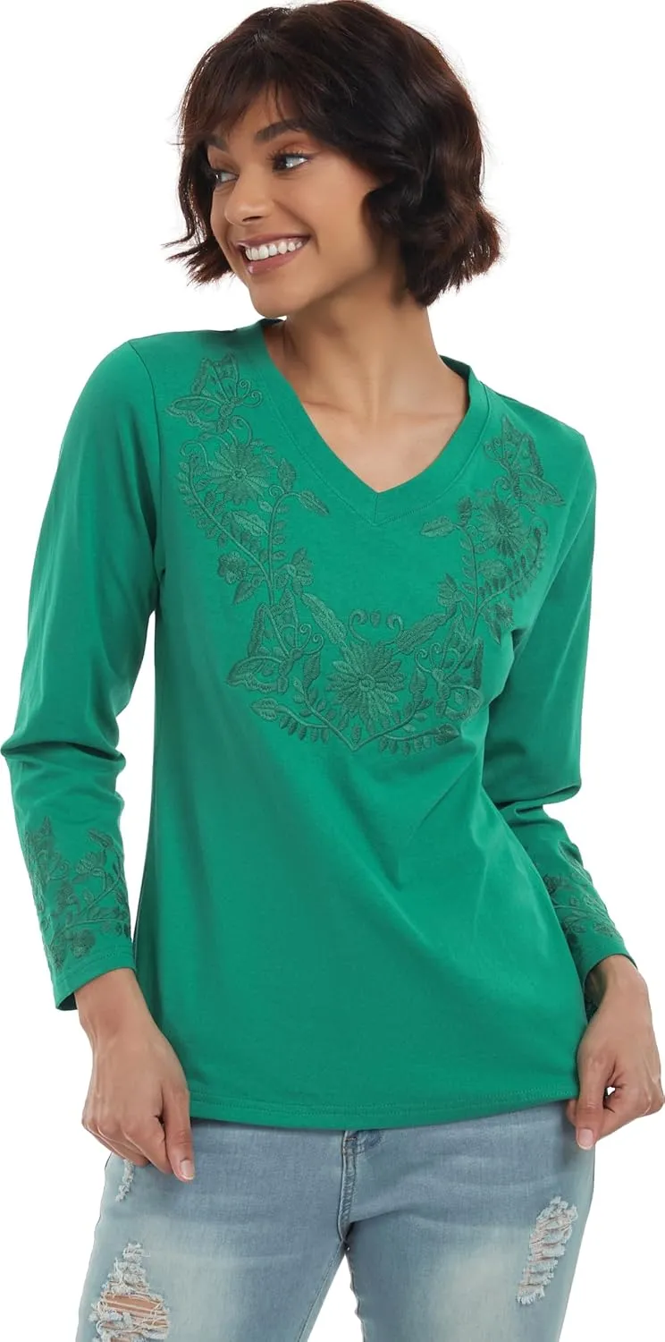 YZXDORWJ Mexican Long Sleeve Shirts for Women Peasant Embroidered Blouse Floral Traditional T-Shirt Boho Tee