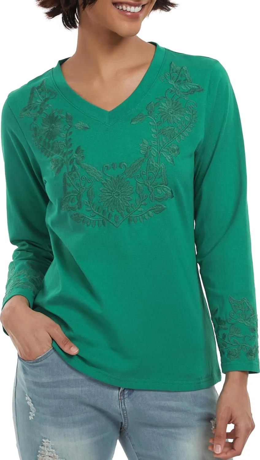 YZXDORWJ Mexican Long Sleeve Shirts for Women Peasant Embroidered Blouse Floral Traditional T-Shirt Boho Tee