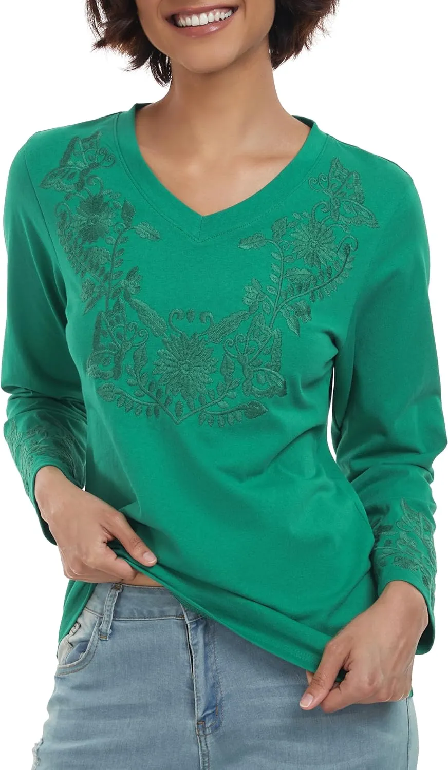 YZXDORWJ Mexican Long Sleeve Shirts for Women Peasant Embroidered Blouse Floral Traditional T-Shirt Boho Tee