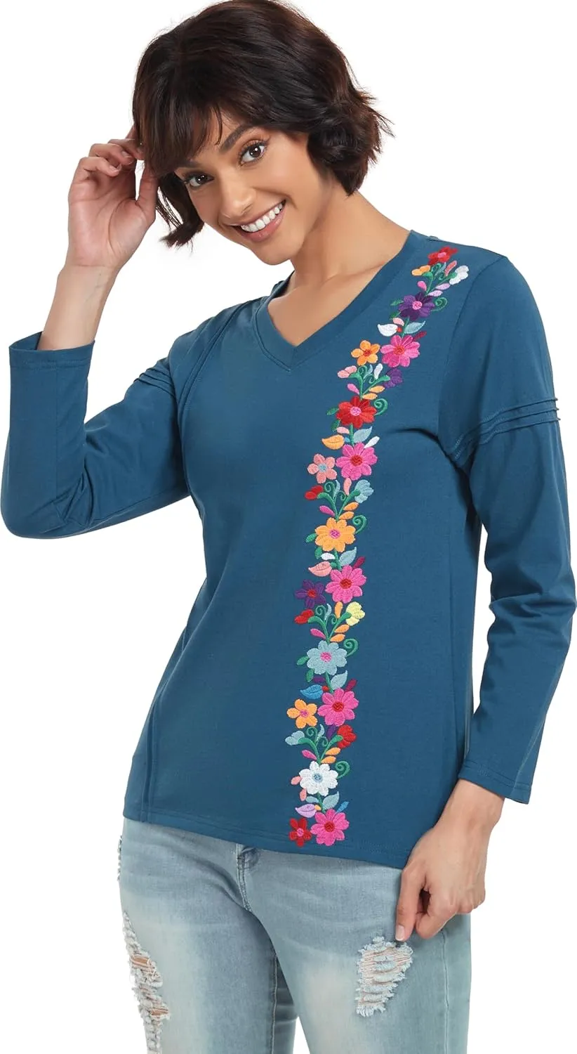 YZXDORWJ Mexican Long Sleeve Shirts for Women Peasant Embroidered Blouse Floral Traditional T-Shirt Boho Tee