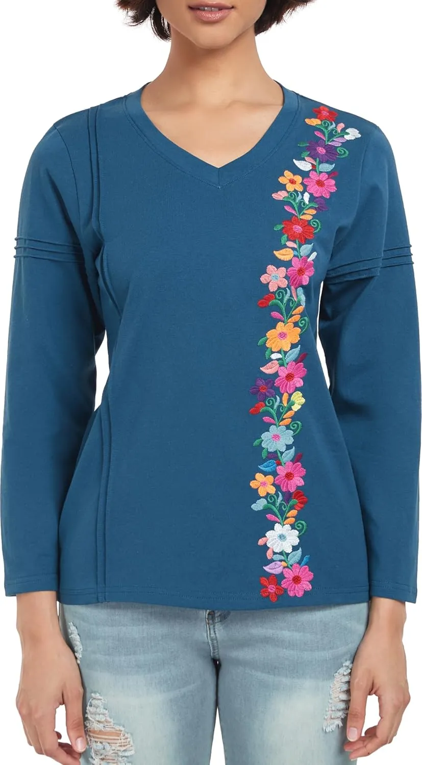 YZXDORWJ Mexican Long Sleeve Shirts for Women Peasant Embroidered Blouse Floral Traditional T-Shirt Boho Tee
