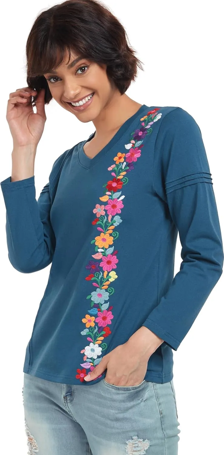 YZXDORWJ Mexican Long Sleeve Shirts for Women Peasant Embroidered Blouse Floral Traditional T-Shirt Boho Tee