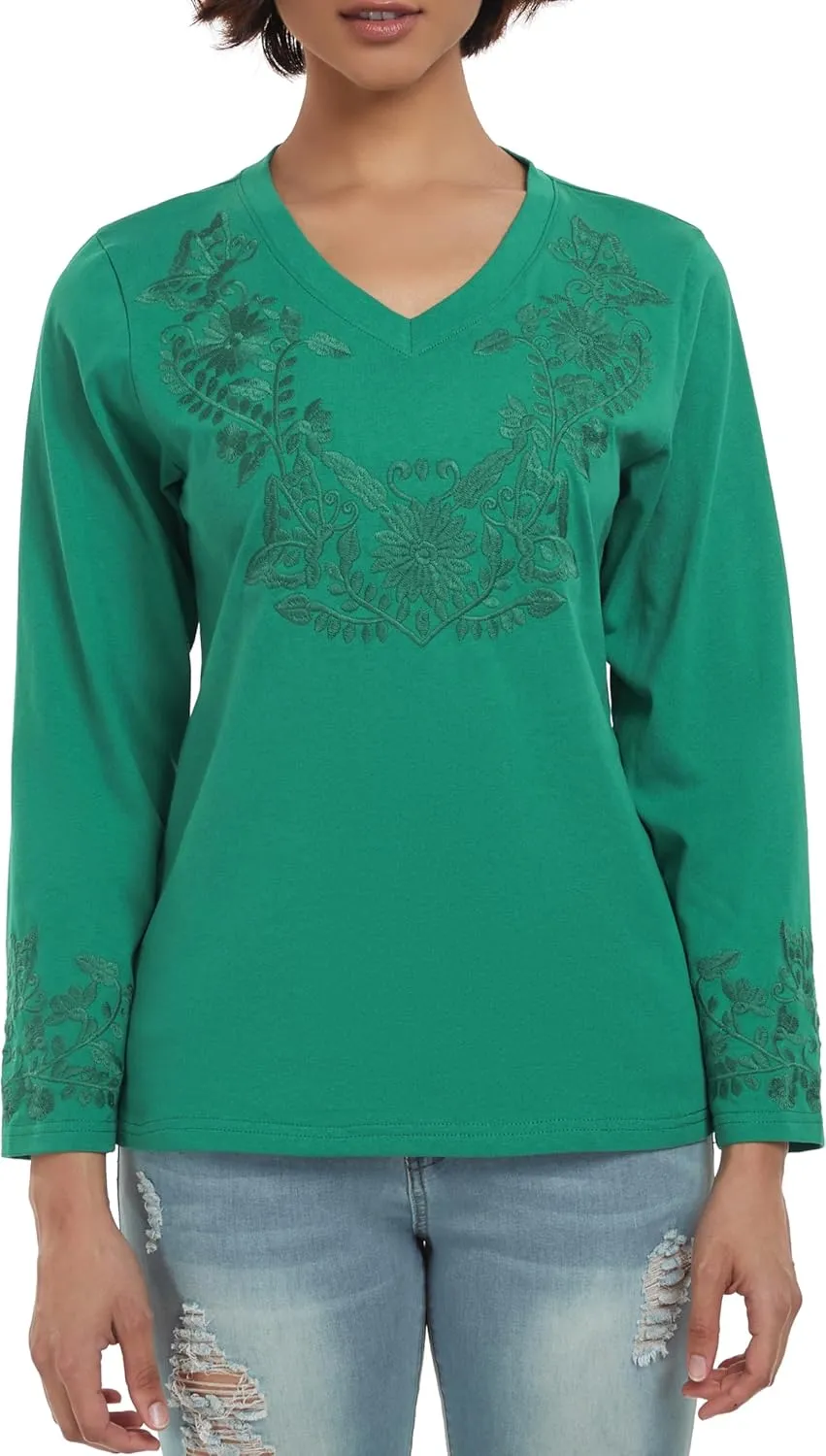 YZXDORWJ Mexican Long Sleeve Shirts for Women Peasant Embroidered Blouse Floral Traditional T-Shirt Boho Tee