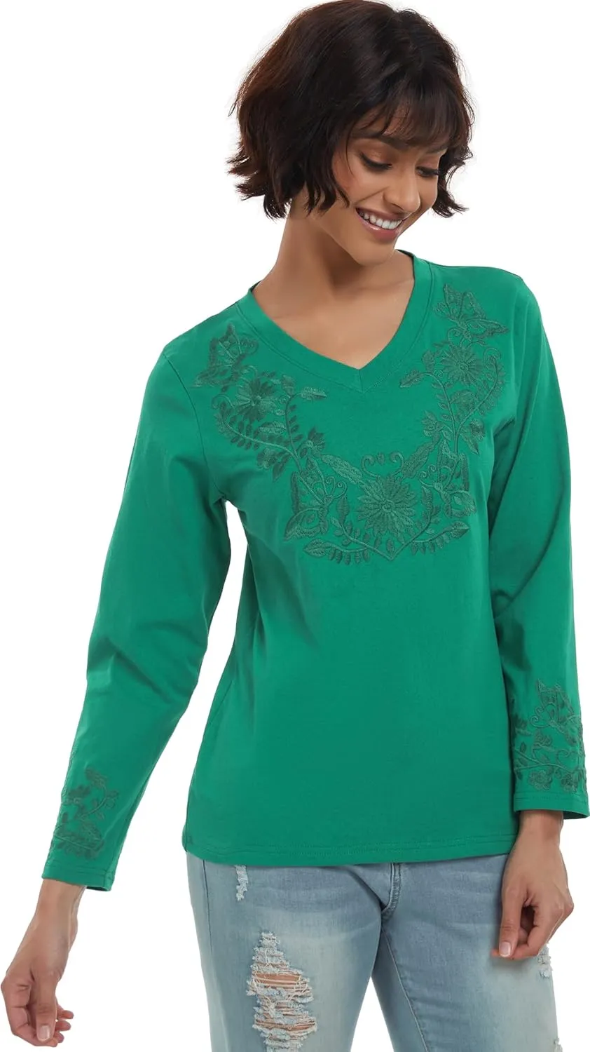 YZXDORWJ Mexican Long Sleeve Shirts for Women Peasant Embroidered Blouse Floral Traditional T-Shirt Boho Tee