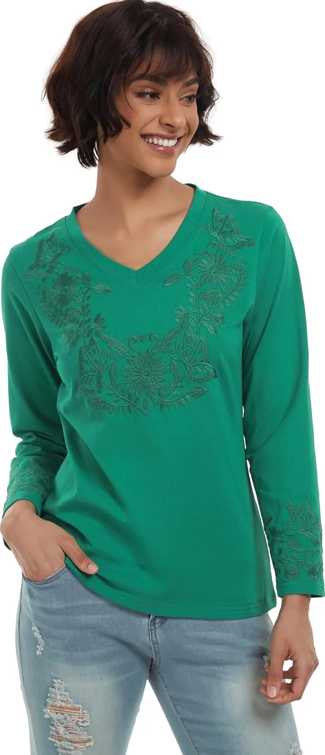YZXDORWJ Mexican Long Sleeve Shirts for Women Peasant Embroidered Blouse Floral Traditional T-Shirt Boho Tee