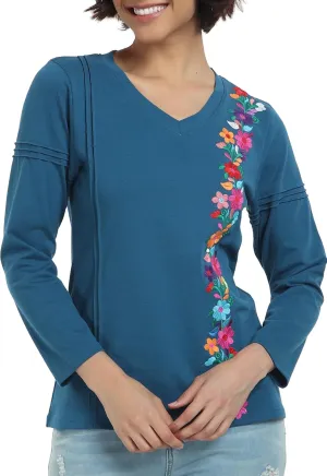 YZXDORWJ Mexican Long Sleeve Shirts for Women Peasant Embroidered Blouse Floral Traditional T-Shirt Boho Tee