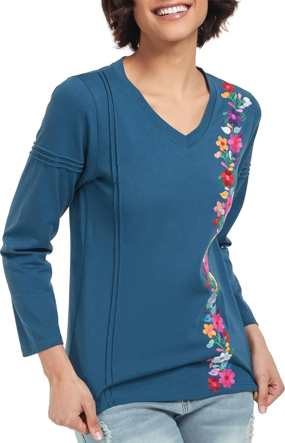 YZXDORWJ Mexican Long Sleeve Shirts for Women Peasant Embroidered Blouse Floral Traditional T-Shirt Boho Tee