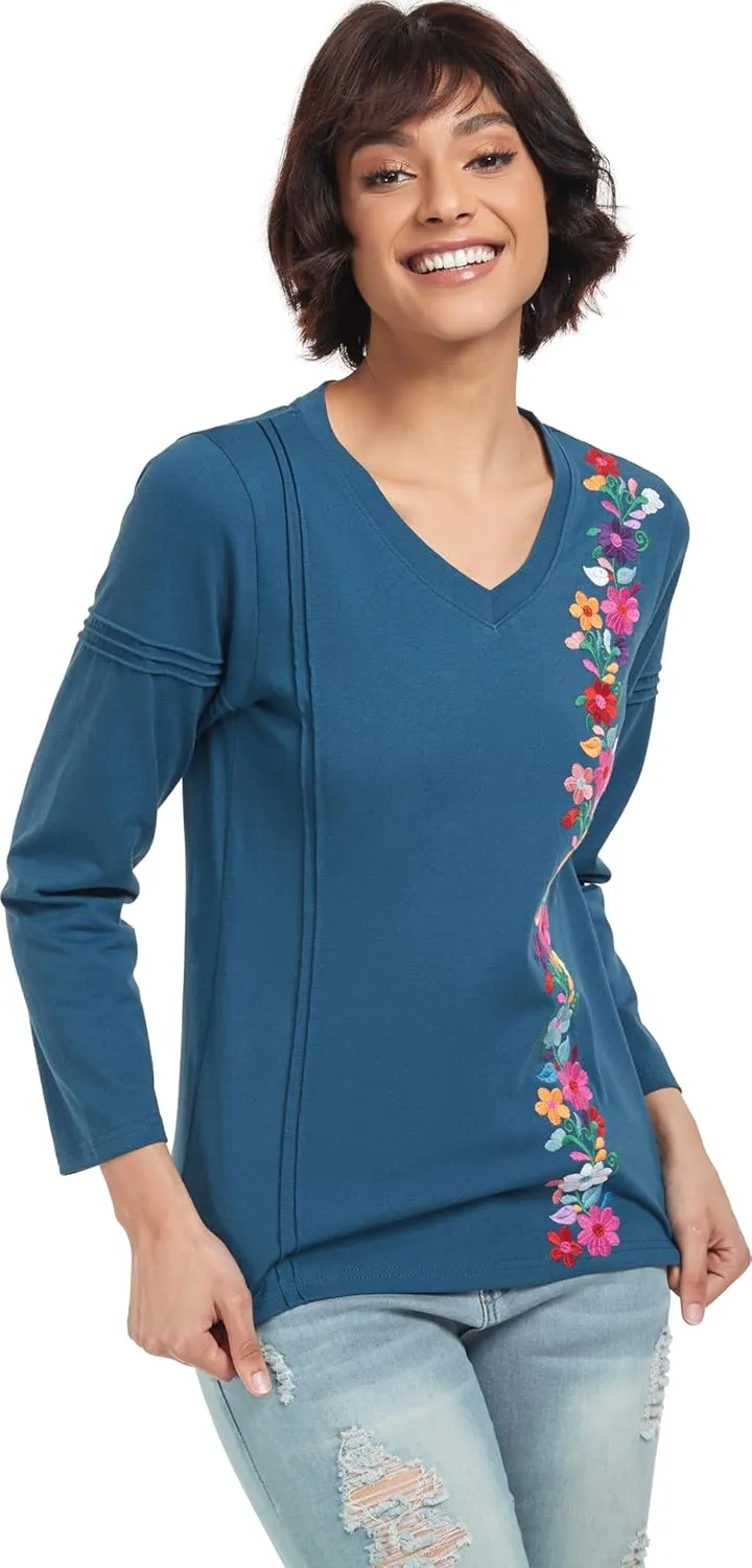 YZXDORWJ Mexican Long Sleeve Shirts for Women Peasant Embroidered Blouse Floral Traditional T-Shirt Boho Tee