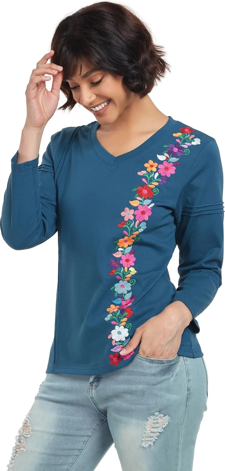 YZXDORWJ Mexican Long Sleeve Shirts for Women Peasant Embroidered Blouse Floral Traditional T-Shirt Boho Tee