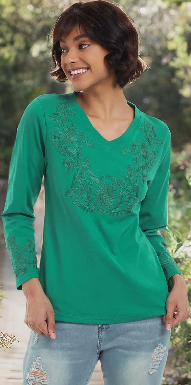 YZXDORWJ Mexican Long Sleeve Shirts for Women Peasant Embroidered Blouse Floral Traditional T-Shirt Boho Tee