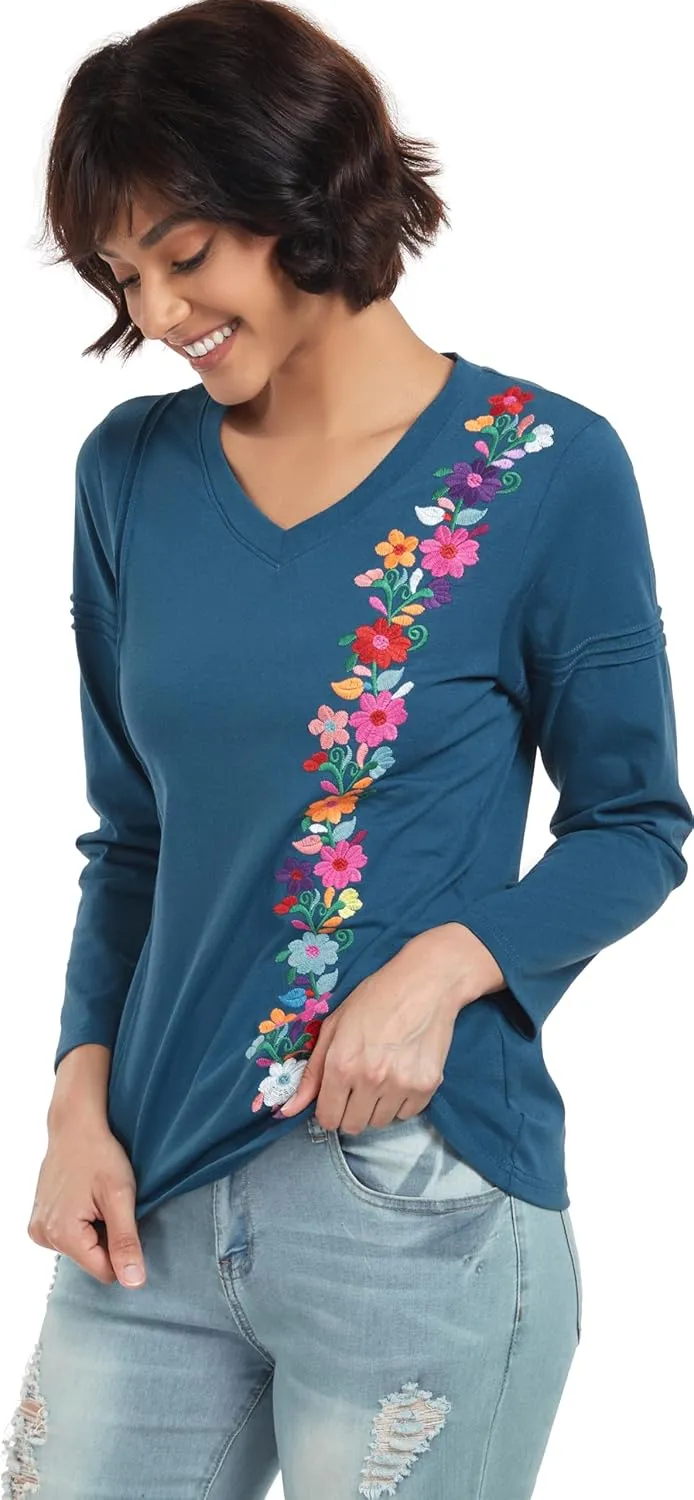 YZXDORWJ Mexican Long Sleeve Shirts for Women Peasant Embroidered Blouse Floral Traditional T-Shirt Boho Tee