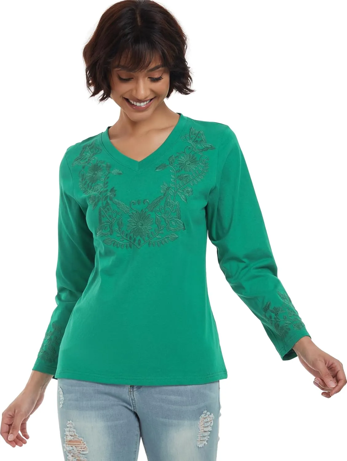 YZXDORWJ Mexican Long Sleeve Shirts for Women Peasant Embroidered Blouse Floral Traditional T-Shirt Boho Tee