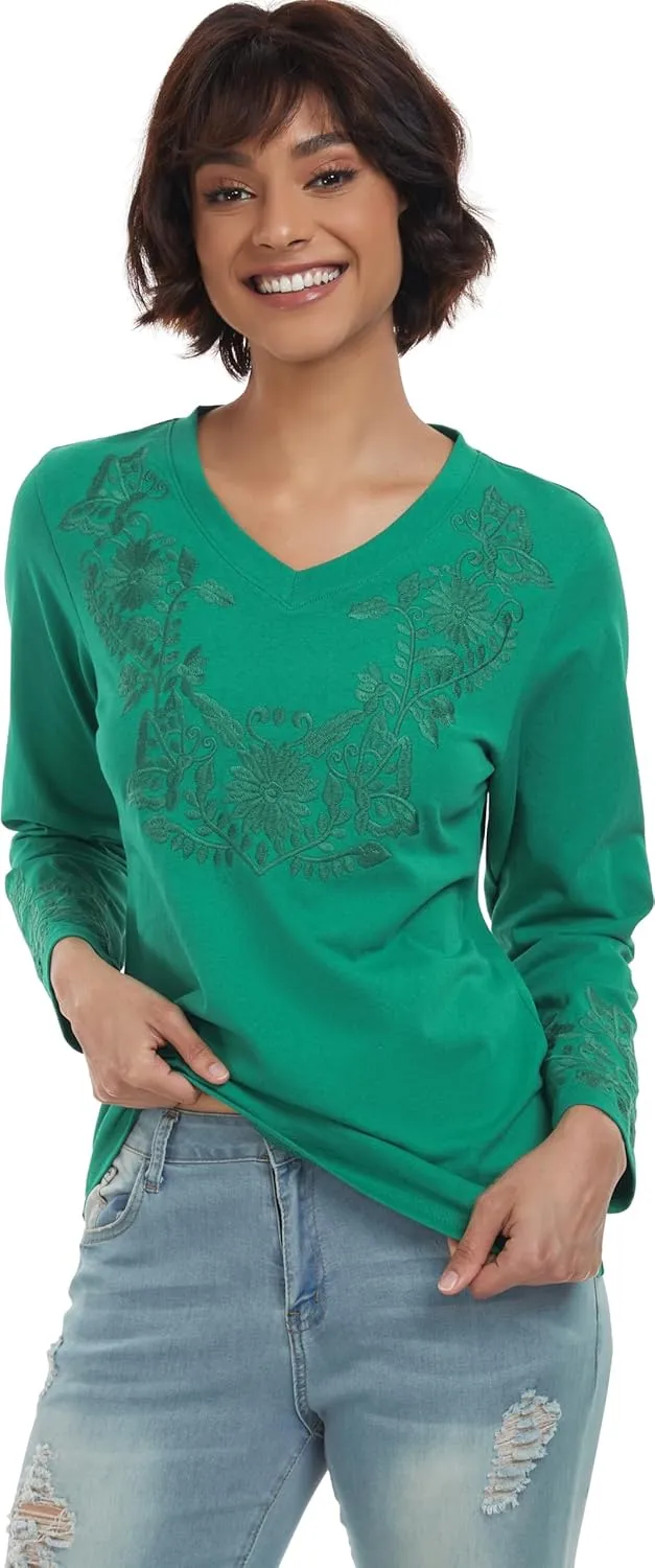 YZXDORWJ Mexican Long Sleeve Shirts for Women Peasant Embroidered Blouse Floral Traditional T-Shirt Boho Tee