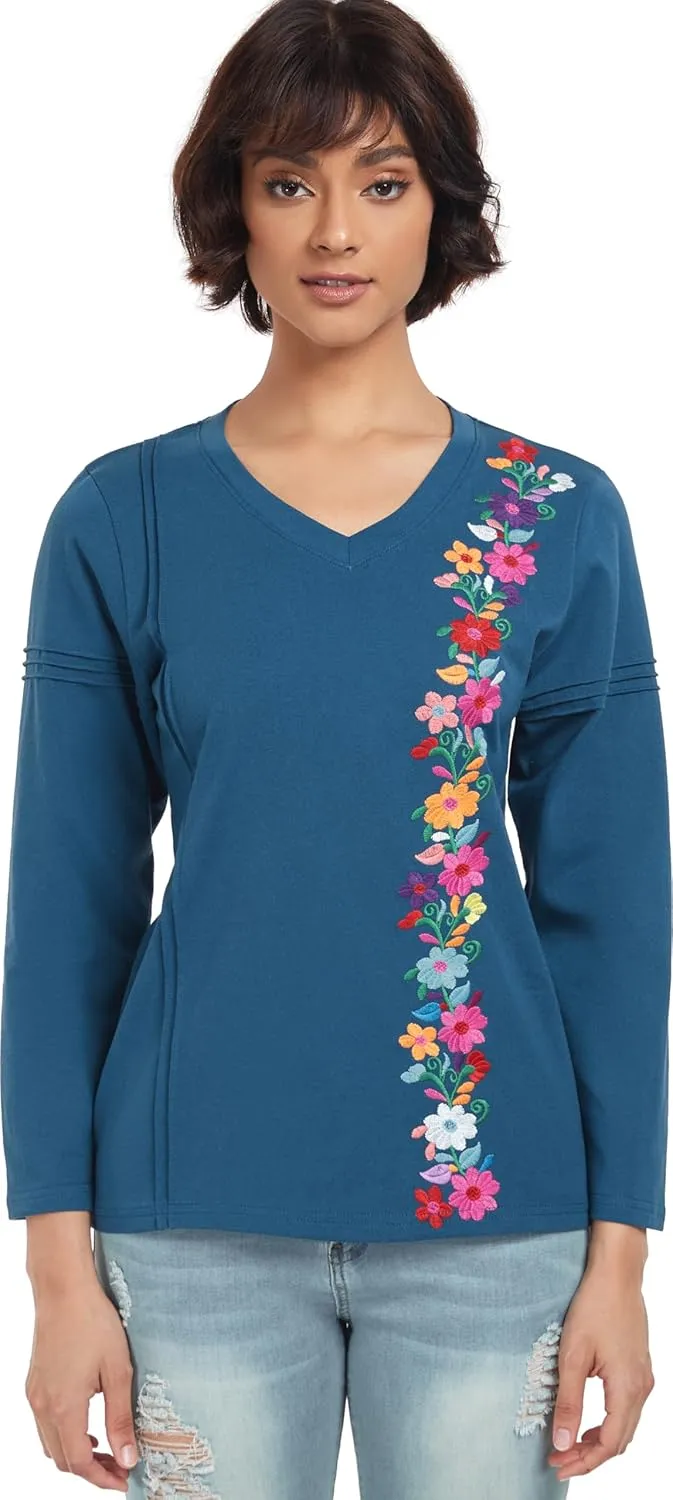 YZXDORWJ Mexican Long Sleeve Shirts for Women Peasant Embroidered Blouse Floral Traditional T-Shirt Boho Tee