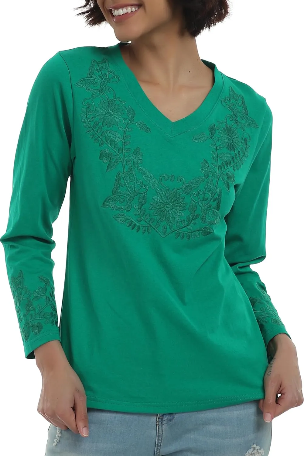 YZXDORWJ Mexican Long Sleeve Shirts for Women Peasant Embroidered Blouse Floral Traditional T-Shirt Boho Tee